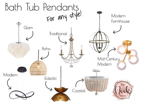 The Perfect Bathroom Pendant for Every Style! – The Nook Design Co. Light Fixture Over Free Standing Tub, Light Over Bathtub Master Bath, Bath Tub Chandeliers, Chandelier Over Tub Master Bath, Bath Tub Chandelier, Master Bath Chandelier Over Tub, Light Above Bathtub, Light Over Bathtub, Bathroom Chandelier Over Tub