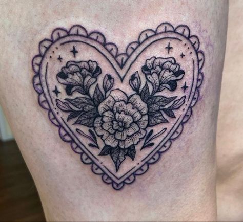 Girly Heart Tattoos, Knew Cap Tattoo, Ruffle Heart Tattoo, Embroidered Heart Tattoo, Daisy Knee Tattoo, Heart Doily Tattoo, Zacatecas Tattoo, Knee Framing Tattoo, Lace Heart Tattoo