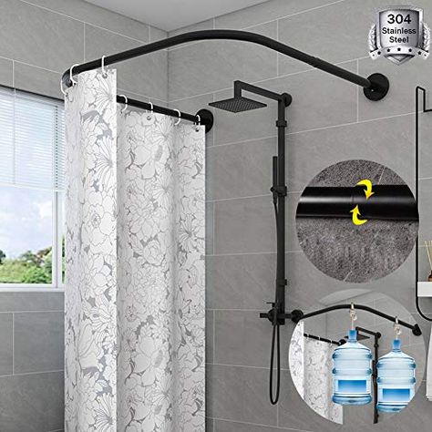 Corner Shower Curtain Rod, Curved Shower Curtain Rod, L Shaped Bathroom, Curved Shower Curtain, L Shaped Bath, Curtain Hangers, Small Bathroom Layout, Black Shower Curtains, Corner Bath