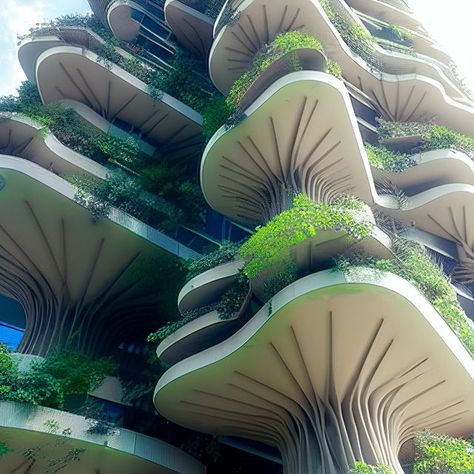 Ar. Manas Bhatia on Instagram: "Hiratake Towers . I have always been fascinated by the arrangement of oyster mushrooms (also known as Hirataki) growing on trees. The way they grow in clusters forming large, undulating fan shaped canopies. What if we imagine each mushroom to be an apartment in a tall building (tree branch), growing out in organic fashion, with huge gardens supported by a system that mimics the stripes seen on the underside of these mushrooms? . Stay tuned for more! . . Created w Organic Shapes Building, Mushroom Inspired Architecture, Manas Bhatia, Mushroom Architecture, Mushroom Building, Mushroom Cluster, Oyster Mushrooms, Organic Fashion, Canopies