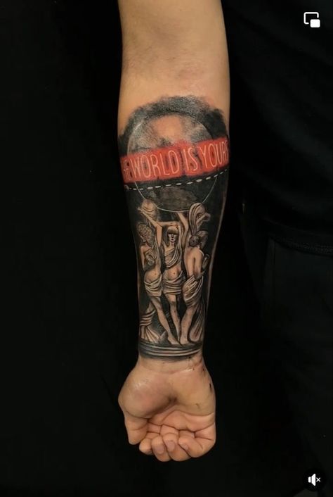 Now Time Tattoo, Tattoos To Represent Brothers, By Any Means Tattoo, Hard To Kill Tattoo, The World Is Yours Tattoo Forearm, Rapper Inspired Tattoos, Ready To Die Tattoo, The World Is Yours Tattoo Scarface, The Eyes Chico They Never Lie Tattoo