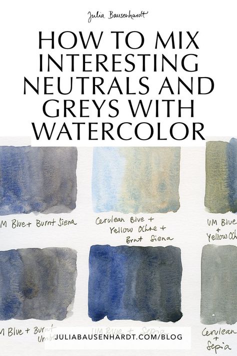 There are a few different ways you can mix neutral colors. You can get interesting greys and browns with just the slightest hint of their base colors by adding complementary colors together, or simply use the muddy parts on your palette to add neutral areas. Other possibilities are using premixed greys (there are a couple useful ones), or using a single pigment grey. Mixing Watercolors, Art Exercises, Wall Hanging Decorations, Mixing Paint Colors, Grey Watercolor, Journal Tutorials, Watercolour Ideas, Learn Watercolor Painting, Mixing Colors