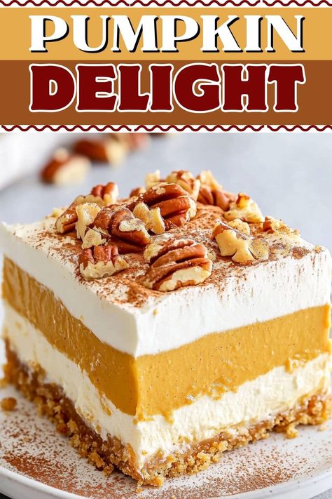 Pumpkin Delight - Insanely Good Easy Pumpkin Delight, Pumpkin Lush Pie Recipe, Recipes Using Pumpkin Spice Pudding, Pumpkin Torte Desserts, Pumpkin Pie Delight, Pumpkin Delight Dessert Easy, Pumpkin Twinkie Dessert, Pumpkin Jello Pudding Recipes, 2 Layer Pumpkin Pie