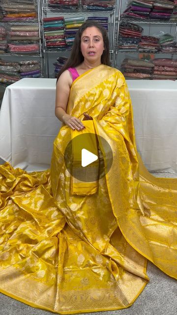 Bengal Looms on Instagram: "Silk Mark Certified Jangla Banarasi Saree in Bright Yellow @bengallooms  Store location: Edison, NJ, WhatsApp:8487020727, Website: bengallooms.com  #haldi #yellowsaree #banarasisaree #silkmarkcertified" Yellow Banarasi Saree, Yellow Silk Saree, Trending Sarees, Banarasi Saree, Instagram Reels, Banarasi Sarees, Bright Yellow, Silk Sarees, Saree