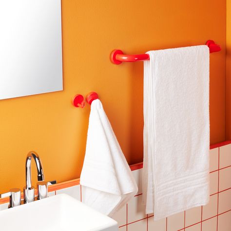 Bedroom Candles, Orange Bathrooms, Moma Design, Flatware Storage, Towel Holders, Bauhaus Design, Hanging Towels, Bathroom Colors, Bathroom Hardware