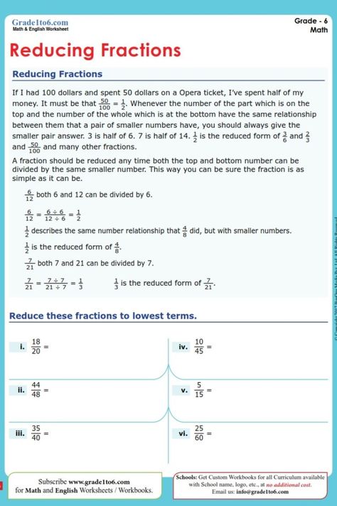 Reducing Fractions worksheet for Grade 6. 6000 plus Math & English worksheets for Grade 1 to Grade 6 for CBSE/ NCERT/SCERT, ICSE, IB (PYP/MYP), Singapore Math, Cambridge Primary, UK National, K6, Common core standards, Australian, New Zealand & all International Curriculum Subscribe www.grade1to6.com for $6 or Rs 450 a YEAR only!! #grade6 #decimals #decimalnumbers #mathworksheets #englishworksheets #math #mathematics #school #teacher #cbse #ncert #pyp #mypmath #pypteacher English Worksheets For Grade 1, Grade 6 Math Worksheets, Reducing Fractions, Cambridge Primary, Free Math Printables, Math English, Grade 6 Math, Fractions Worksheets, Singapore Math