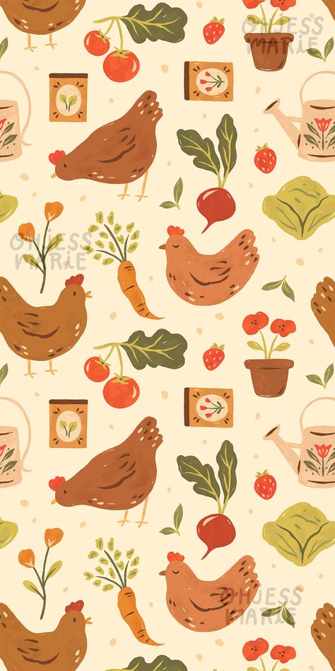 Digitally illustrated pattern of cute chickens in the garden, featuring garden vegetables and flowers. Available on fabrics, wallpaper, and home decor items on Spoonflower. Garden aesthetic fabric | Farm animals fabric | Farm animals art | Chickens and flowers pattern | Plants fabric | Chickens pattern | Chickens art | Cute fabric aeshthetic #spoonflower #fabric #pattern Farm Print Fabric, Crunchy Wallpaper, Cute Farm Animals Drawings, Chicken Wallpaper Iphone, Chicken Illustration Cute, Farm Animal Wallpaper, Spring Illustration Art, Chicken Background, Fabric Chickens