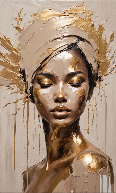 Most Beautiful Art Painting, Gold Painting Ideas On Canvas, Funky Art Designs, Cool Woman Aesthetic, Art Pictures For Wall, Colourful Art Painting, Modern Paintings On Canvas, Paintings With Gold, Canvas Artwork Painting