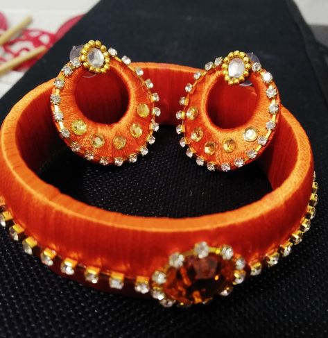 Orange Bangle and Bali set Silk Thread Jewelry, Thread Jewellery, Silk Thread, Thread, Bangles, Silk, Drop Earrings