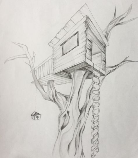 Houses In 2 Point Perspective, Two Vanishing Point Drawing, House Tree Person Drawing, Two Point Perspective Drawing Treehouse, House Inside A Tree Drawing, Treehouse Architecture Drawing, 2 Point Perspective Drawing, Perspective Sketch, Point Perspective