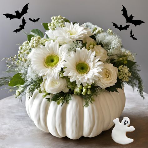 Get into the spooky spirit with our Halloween Ghostly Treat Arrangement! This unique and enchanting floral design features three delightful options: Strawberry Ghost, Vanilla Ghost, or Chocolate Ghosts, with option of fresh flowers or silk flowers (Silk is offered as a nationwide shipping item). Options: Vanilla Ghost: A hauntingly beautiful arrangement with ghostly white flowers, accented with soft greenery and delicate touches of silver for an ethereal feel. Chocolate Ghost: A orange, white cr White Pumpkin Floral Centerpieces, Gender Neutral Flower Arrangements, Pumpkin Flower Arrangements, Strawberry Ghost, Chocolate Ghosts, Floral Table Arrangements, Halloween Arrangements, Halloween Flower Arrangements, Halloween Floral Arrangements