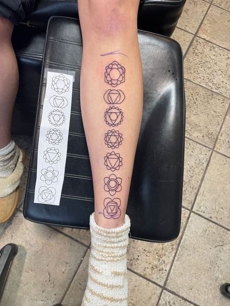 chakra tattoo, spiritual tattoo, seven chakras, 7 chakras, linework tattoo, leg tattoo, calf tattoo, witchy tattoo Chakras Tattoo, Wisdom Tattoo, Tattoo Calf, Spiritual Tattoo, Chakra Tattoo, Linework Tattoo, Tattoo Leg, Spiritual Tattoos, Calf Tattoo