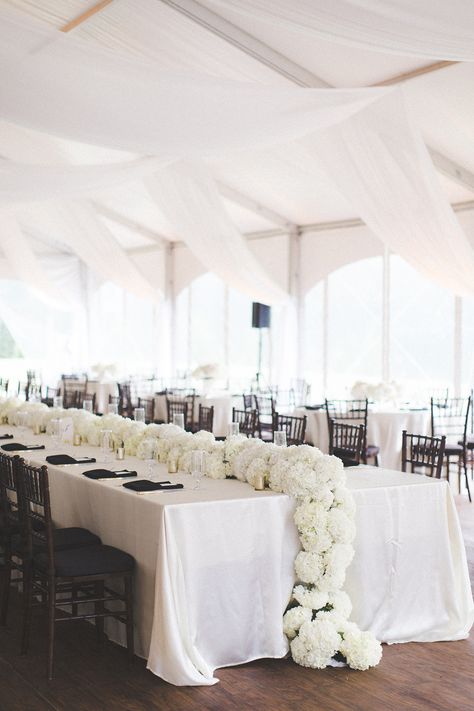 Hydrangea Garland Wedding, Long Hydrangea Centerpiece, Garland Centerpiece, Hydrangea Garland, Classic Black And White Wedding, Wedding Reception Layout, Reception Layout, White Garland, Green Event