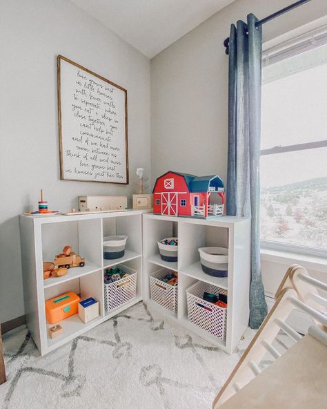 Becca Dutkiewicz | 🌻 on Instagram: “This corner may not be perfect but it’s perfect for us and our tiny apartment.✨// • • • •  #playroom #playroominspo #montessoritoddler…” Small Toy Corner In Living Room, Toy Corner In Living Room, Living Room Playroom Combo Small Spaces, Corner Play Area, Kids Corner In Living Room, Play Corner In Living Room, Playroom Corner, Tiny Playroom, Apartment Playroom