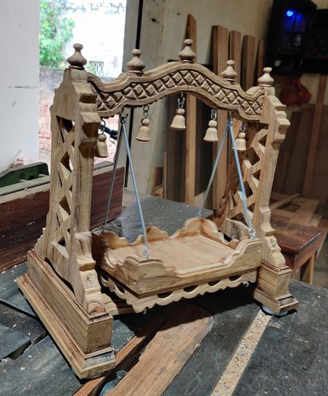 Laddu Gopal Bed Design, Laddu Gopal Bed, Wooden Jhula, Diy Furniture Building, Furniture Building, Indian Home Design, Bed Frame Design, Pooja Room Door Design, Room Door Design