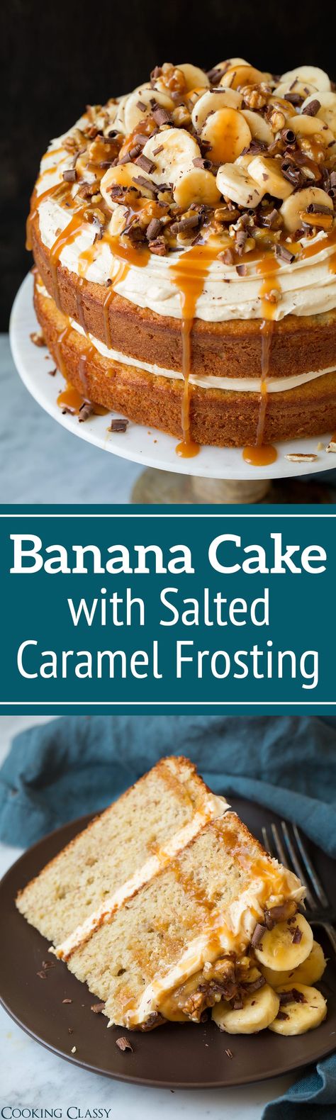 The perfect Banana Cake! - it has most delicious blend of flavors and textures. Two layers of moist banana cake are topped with a luscious caramel frosting, a sweet and salty caramel sauce, crunch walnuts and sweet banana slices. The perfect cake for any occasion! #bananacake #caramelsauce #dessert #cake #birthday Cake Recipes Banana, Best Banana, Bananas Recipes, Banana Cakes, Banana Recipe, Salted Caramel Frosting, Recipes Banana, Salted Caramels, Cake Banana