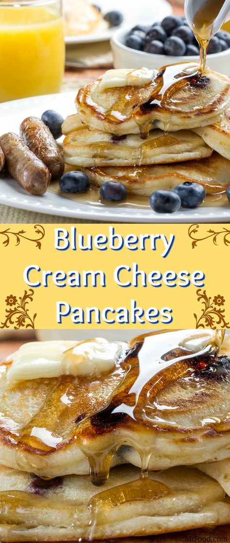 Blueberry Cream Cheese Pancakes, Blueberry Pancakes From Scratch, Blueberry Cheesecake Pancakes, Make Pancakes From Scratch, Blueberry Ideas, Pancake Ideas, Breakfast Pancakes Recipe, Decadent Breakfast, Easy Pancakes