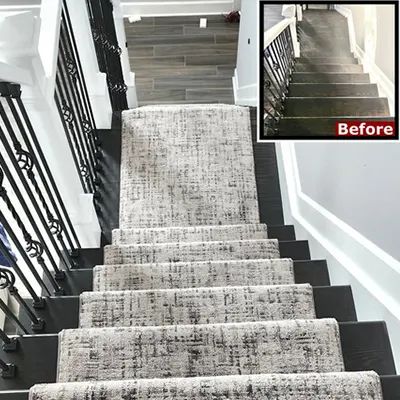 What Is a Stair Runner? 99 Carpets Offers the best solutions! Farmhouse Stair Runner Ideas, Rug On Stairs Carpet Runner, Hardwood Stairs With Runner, Stairway Runners, Farmhouse Stairs, Black Staircase, Stairs Renovation, Modern Foyer, Types Of Stairs