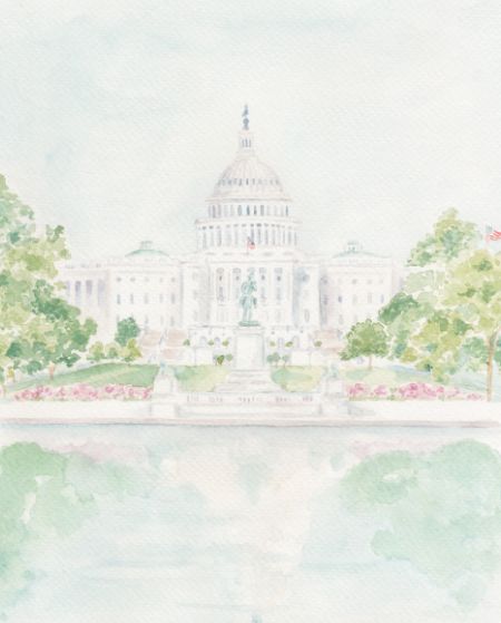 Building Watercolor, Us Capitol Building, Cherry Blossom Watercolor, Painted Wall Art, Perfect Hostess, College Decor, Hand Painted Wall Art, Us Capitol, Capitol Building