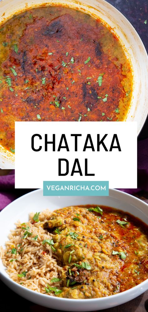 Chataka Dal is a spicy flavorful Indian side dish made from yellow split pigeon peas simmered along with tomatoes, then seasoned with a spicy Indian tempering. Gluten-free. Split Pigeon Peas Recipe, Peas Recipe Indian, Pigeon Peas Recipe, Toor Dal, Indian Side Dishes, Lentil Dal, Peas Recipe, Vegan Richa, Plantbased Recipes