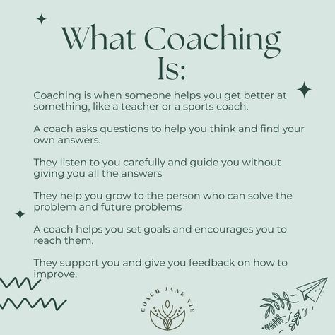 ✨ What Coaching Is... and Isn't! ✨ Coaching is not about giving you all the answers or telling you what to do. It's about empowering YOU to find clarity, solutions, and take actionable steps to reach your goals. 💡 Coaching is about: Asking the right questions. Encouraging self-discovery. Supporting your growth and transformation. Helping you set meaningful goals and achieve them. 💭 Coaching is NOT about: Doing the work for you. Punishing mistakes. Solving your problems directly. Coaching ... Coaching Tips, Asking The Right Questions, Sports Coach, Reach Your Goals, Work For You, Setting Goals, Listening To You, Self Discovery, Self Development