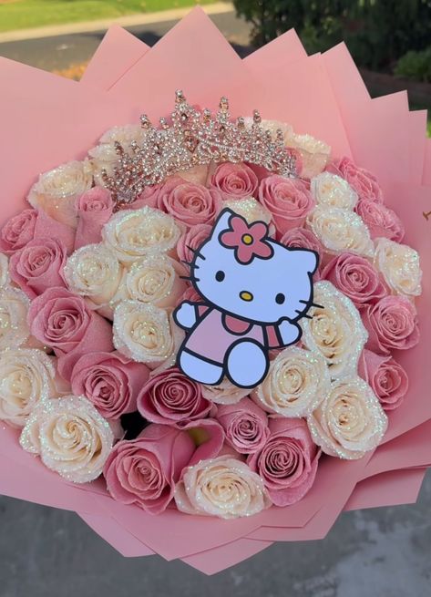 Hello Kitty Roses, Hello Kitty Ramo, Hello Kitty Bouquet, Hello Kitty Birthday Theme, Ribbon Rose Bouquets, Roses Bouquet Gift, Hello Kitty Imagenes, Cr7 Jr, Pink Flower Bouquet