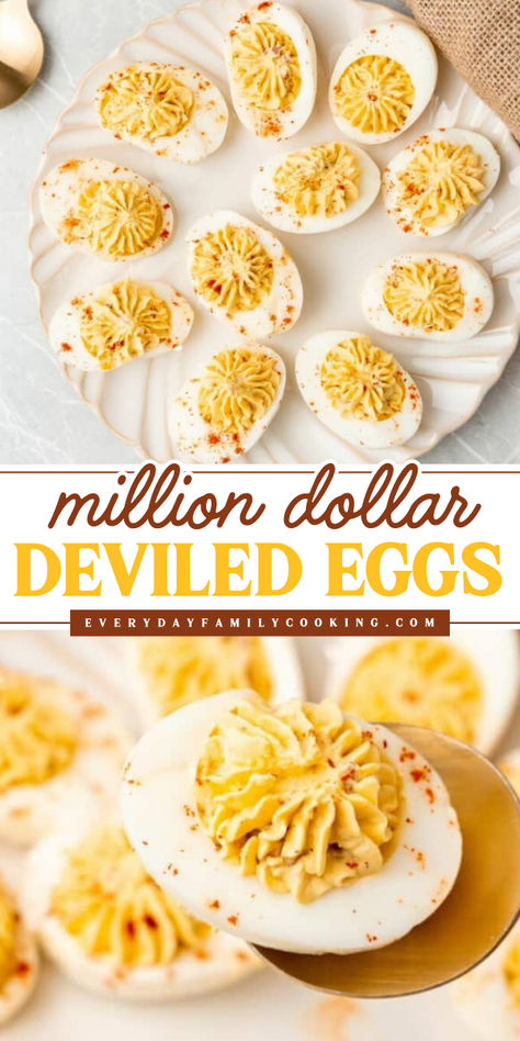 Check out this kid friendly Easter appetizer for the perfect deviled eggs! This million dollar deviled eggs recipe has a secret ingredient to get an extra creamy filling. A Easter party food idea that's the ultimate crowd-pleaser! Million Dollar Eggs, Deviled Eggs Salad Recipe Best, Creamy Deviled Eggs Recipe, Easter Dishes For A Crowd, Easter Egg Deviled Eggs, Deviled Eggs Easter Ideas, Recipes For Deviled Eggs, Deviled Eggs With Sugar Recipe, Perfect Deviled Eggs Recipes