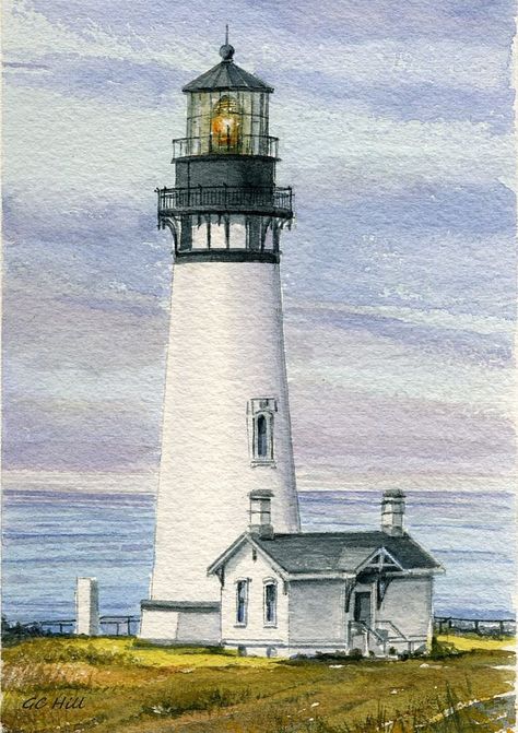 Hill Watercolor, Lighthouse Drawing, Gray Clouds, Lighthouse Painting, Lighthouse Pictures, Lighthouse Art, Beautiful Lighthouse, 수채��화 그림, Watercolor Landscape Paintings