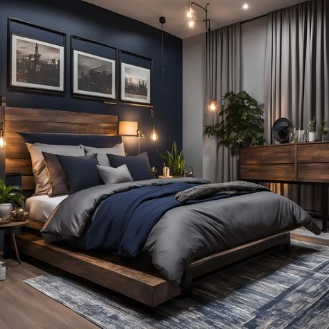 Men's Bedroom Bedding Sets for a Stylish Retreat Men Room Inspiration Bedroom, Black Grey Brown Blue Bedroom, Navy Bedroom Men, Navy Mens Bedroom, Master Bedrooms Decor Masculine, Sophisticated Boys Bedroom, Modern Luxury Bedroom Design Classy, Light Masculine Bedroom, Mans Bedroom Ideas Masculine Interior