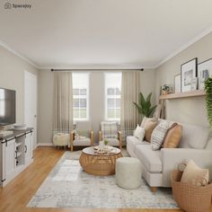 This living room with neutral hues & natural elements feels comfortable & inviting. The comfortable sofa with the Cane Accent Chair from Houzz looks heavenly. The play of materials - wicker, rattan, macrame, pom-poms add boho vibes. The layering of monochrome artworks on the wall shelf creates a focal point, while the floor lamp & the ladder on either side balances the frame. Overall, this neutral bohemian interior is calm and exquisite. Check out the design at Spacejoy by our designers. Cane Accent Chair, Wooden Floors Living Room, Serene Living Room, Living Room Design Boho, Cream Living Rooms, Living Room Wall Color, Living Room Decor Gray, Beige Living Rooms, Living Room Decor Colors