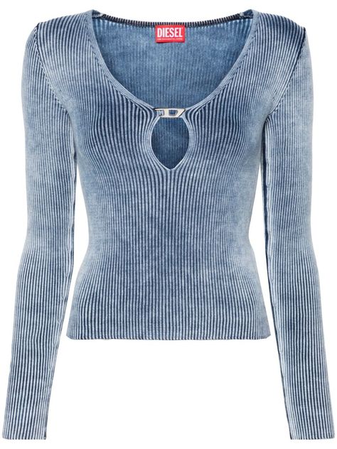 indigo blue stretch-cotton ribbed knit acid wash marbled effect silver-tone Oval D logo plaque keyhole detail to the front scoop neck long sleeves straight hem Diesel Women, Diesel Clothing, Italian Chic, D Logo, Italian Outfits, Ribbed Knit Top, Denim Branding, Dolce E Gabbana, Indigo Blue