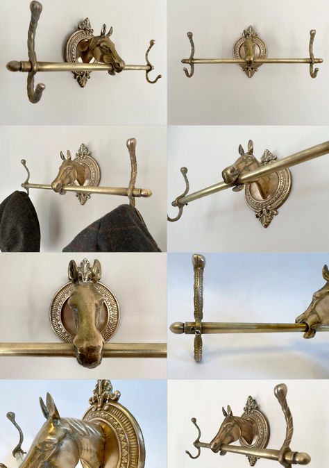 Create a stunning foyer entrance with this distressed vintage horse head coat and hat rack. The horse head is designed to hold the rod in its mouth similarly to a bit. Includes 2 ornate botanical engraved hooks at the end of the bar. Perfect for an equestrian, traditional or eclectic décor. Equestrian Nursery, Equestrian Style Decor, Equestrian Home, Coat And Hat Rack, Foyer Entrance, Horse Country, Equestrian Aesthetic, High Horse, Antique Horse