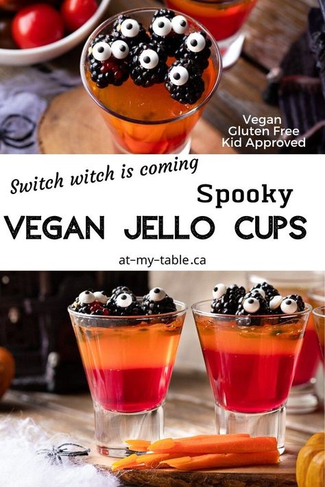 Halloween Desert Table, Vegan Jello, Fruit Flan, Seasonal Vegan Recipes, Halloween Jelly, Fun Halloween Snacks, Halloween Jello, Halloween Deserts, Halloween Snacks For Kids