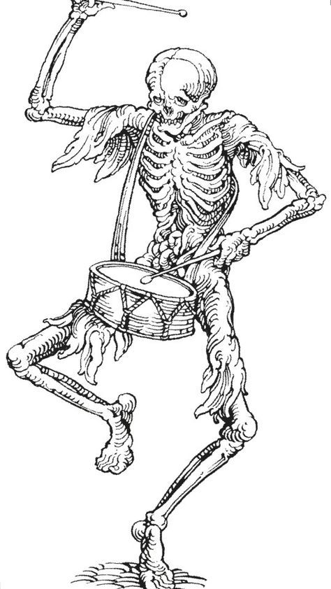 Medieval Ink Drawing, Woodcut Illustration Medieval, Danse Macabre Tattoo, Dance Macabre Tattoo, Medieval Skeleton, Medieval Engraving, Drummer Tattoo, Dance Macabre, Skeleton Artwork