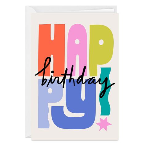 Creating a custom Hallmark card is easy with this card template. Upload your photos and add a message to send a personalized and unique birthday greeting to someone special. Design features bold and colorful lettering. Vertical folded card. | Includes one card and one envelope with a Gold Crown seal. Envelope color may vary. | May require extra postage | Card pkg. size: 6.56" W x 9.44" H Happy Birthday Cards Images, Happy Birthday Calligraphy, Happy Birthday Typography, Retro Lettering, Birthday Cards Images, Happy Birthday Message, Colorful Lettering, Church Inspiration, Fav Products