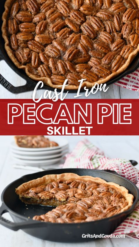 This easy pecan pie recipe with brown sugar is called Cast Iron Skillet Pecan Pie because, well, it's made in an iron skillet! It may just be the best and easiest pecan pie recipe you'll ever make. Skillet Pecan Pie, Easy Pecan Pie Recipe, Skillet Pie, Southern Thanksgiving Recipes, Pecan Pie Recipe Southern, Easy Pecan Pie, Skillet Desserts, Cast Iron Skillet Cooking, Southern Pecan Pie