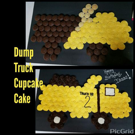 Dump Truck cupcake cake I made for my 2 year old nephew! Dump Truck Pull Apart Cupcakes, Cupcake Construction Cake, Excavator Cupcake Cake, Dump Truck Cupcake Cake, Construction Cupcake Cake, Truck Birthday Cupcakes, Truck Cupcake Cake, Dump Truck Cupcakes, Dump Truck Cake