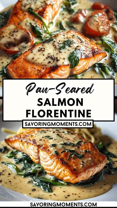 Pan-Seared Salmon Florentine brings together perfectly cooked salmon with a luxurious spinach and garlic cream sauce. Easy to prepare and perfect for a special weeknight meal! Discover how easy this recipe is – click for details! #SalmonFlorentine #CreamySpinach #PanSearedSalmon #SeafoodRecipes #ElegantDinners #LowCarbMeals #HealthyEating #WeeknightRecipes #DinnerIdeas #SeafoodLovers Salmon With Creamy Garlic Sauce, Salmon Recipes Seared, Spinach Sauce For Salmon, Salmon With Tomatoes And Spinach, Salmon Spinach Cream Sauce, Salmon On Cast Iron Skillet, Pan Cooked Salmon With Skin, Winter Salmon Dinner, Christmas Eve Salmon Recipe