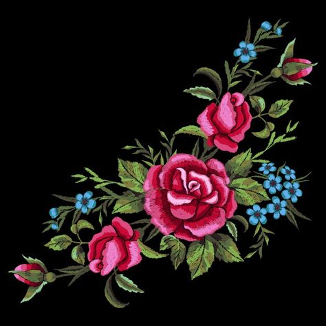 Embroidery On Black, Roses Embroidery, Roses Blue, Flowers Embroidery, Embroidery Patterns Vintage, Satin Stitch, Embroidery Flowers, Design Element, Blue Backgrounds