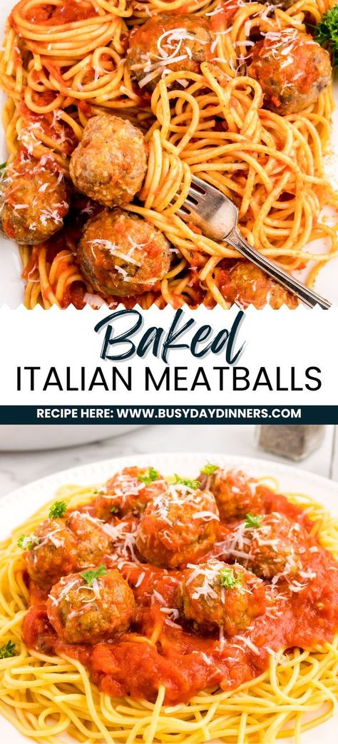 baked italian meatballs in tomato sauce topped with parmesan cheese, twirled in spaghetti Baked Italian Meatballs, Easy Fall Recipes, Italian Meatballs Recipe, Easy Autumn Recipes, Meatball Recipe, Italian Appetizers, Italian Meatballs, Easy Oven, Meatballs Recipe