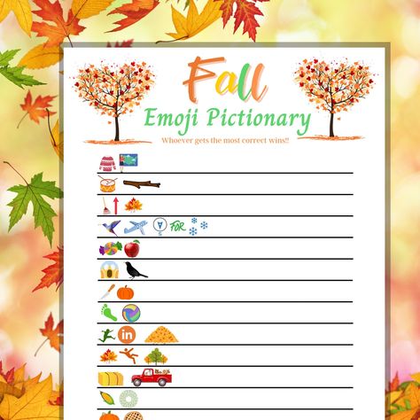 Emoji Words, Emoji Printables, Activity For Adults, Fall Worksheets, Emoji Pictionary, Fall Activity, Fall Games, Easter Games, Harvest Party