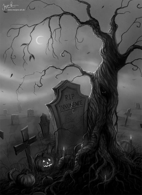 Graveyard Artwork, Graveyard Painting, Mebel Antik, Halloween Graveyard, Halloween Artwork, Halloween Scene, Halloween Tags, Halloween Illustration, Halloween Painting