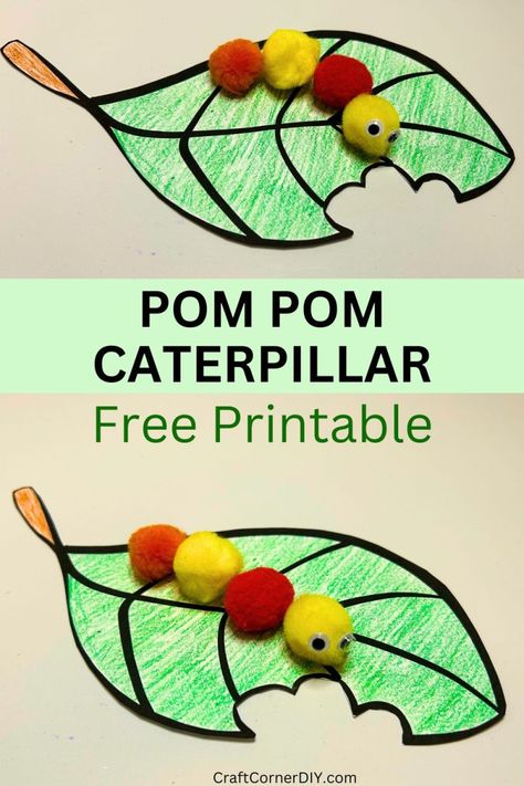 Pom pom caterpillar craft.   A caterpillar that is made out of pom poms is on a paper leaf. Diy Caterpillar Craft, Easy Caterpillar Craft, Pom Pom Caterpillar Craft, Caterpillar Craft Preschool, Fuzzy Caterpillar, Caterpillar Art, Printable Leaves, Caterpillar Craft, Free Printable Crafts