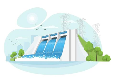 Hydropower Energy, Plant Station, Water Factory, Power Lines, Hydro Electric, High Voltage, Power Plant, Water Flow, Vector Art