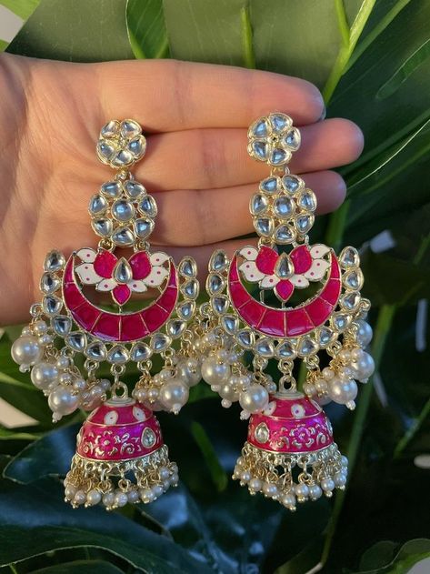 Pink Earrings Indian, Marriage Vibes, Hot Pink Jewelry, Desi Jewellery, Pearl Tassels, Punjabi Jewelry, Desi Vibes, Eastern Wear, Hand Embroidered Jewelry