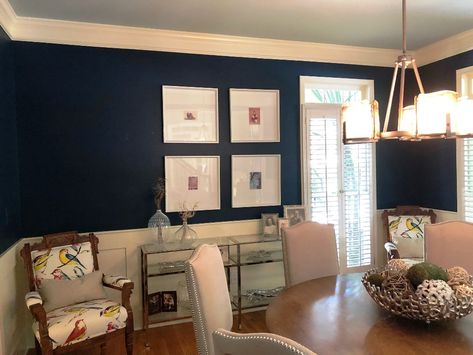 dining room painted in Moscow Midnight SW 9142 Sw Moscow Midnight, Sherwin Williams Dining Room, Moscow Midnight, Dining Room Teal, Grey Front Doors, Mindful Gray, Dining Room Paint, House Paint Interior, Exterior Paint Color