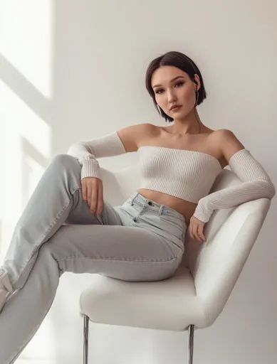 ↑↑↑ Larger size on website 🔸 A young woman with short dark hair sits in a white chair against a white wall. She is wearing light Neutral Expression, Short Dark Hair, Woman In White, White Chair, White Off Shoulder, Light Blue Jeans, Minimalist Aesthetic, White Wall, Shoulder Sweater