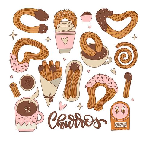 Mexican Churros, Stick Drawings, Pro Create, Mexican Snacks, Chocolate Sticks, Food Illustration Art, Chocolate Sauce, Mexican Art, Create Art