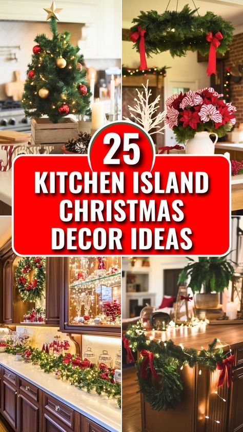 A festive collage featuring creative kitchen island Christmas decor ideas. Includes a decorated tree, cheerful wreaths, and cozy table arrangements. The bold text "25 Kitchen Island Christmas Decor Ideas" adds a cheerful holiday vibe, perfect for seasonal inspiration. Long Island Centerpiece Ideas, Christmas Server Decor, Christmas Decor For Countertops, Decorative Island Ideas, Kitchen Island Set Up, Farmhouse Christmas Island Decor, Kitchen Island Centerpiece Ideas For Christmas, Decorate Island For Christmas, Christmas Decor For Dining Room Light