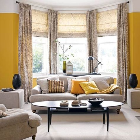 Bay Window Decorating Ideas, Grey And Yellow Living Room, Bay Window Living Room, Living Room Furniture Layout, Bow Window, Yellow Living Room, Bright Rooms, Trendy Living Rooms, Yellow Walls